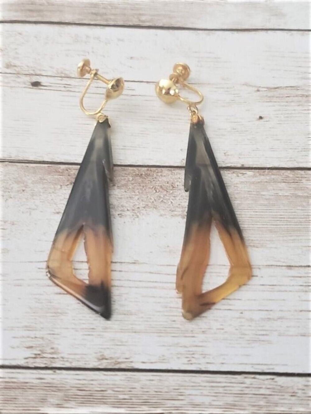 Vintage Screw On Earrings Black & Orange Jagged Triangle Statement Long Dangle